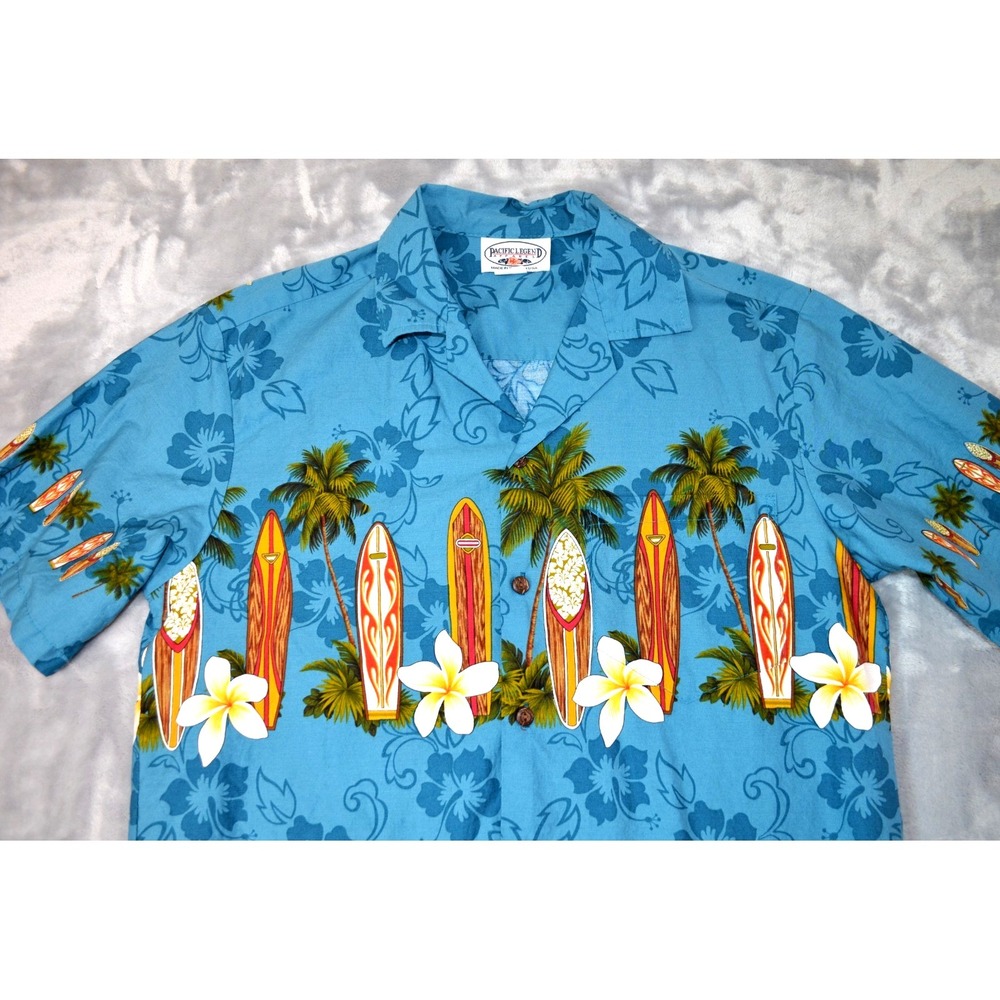 Pacific Legends Hawiian Aloha Tropical Shirt Men's Medium Palm Trees Hibiscus